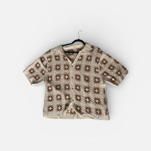 NFINITY men’s Crochet Button Down Shirt - Beige and Brown